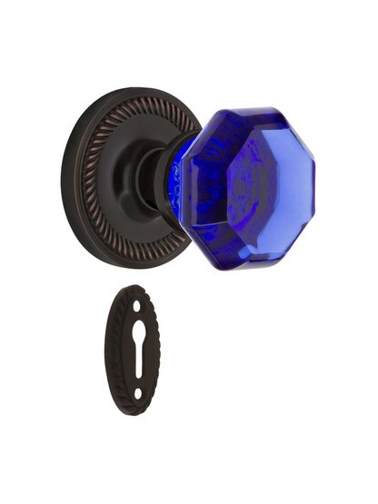 Rope Rosette Mortise Lock Set with Colored Waldorf Crystal Glass Knobs Cobalt Blue in Timeless Bronze.
